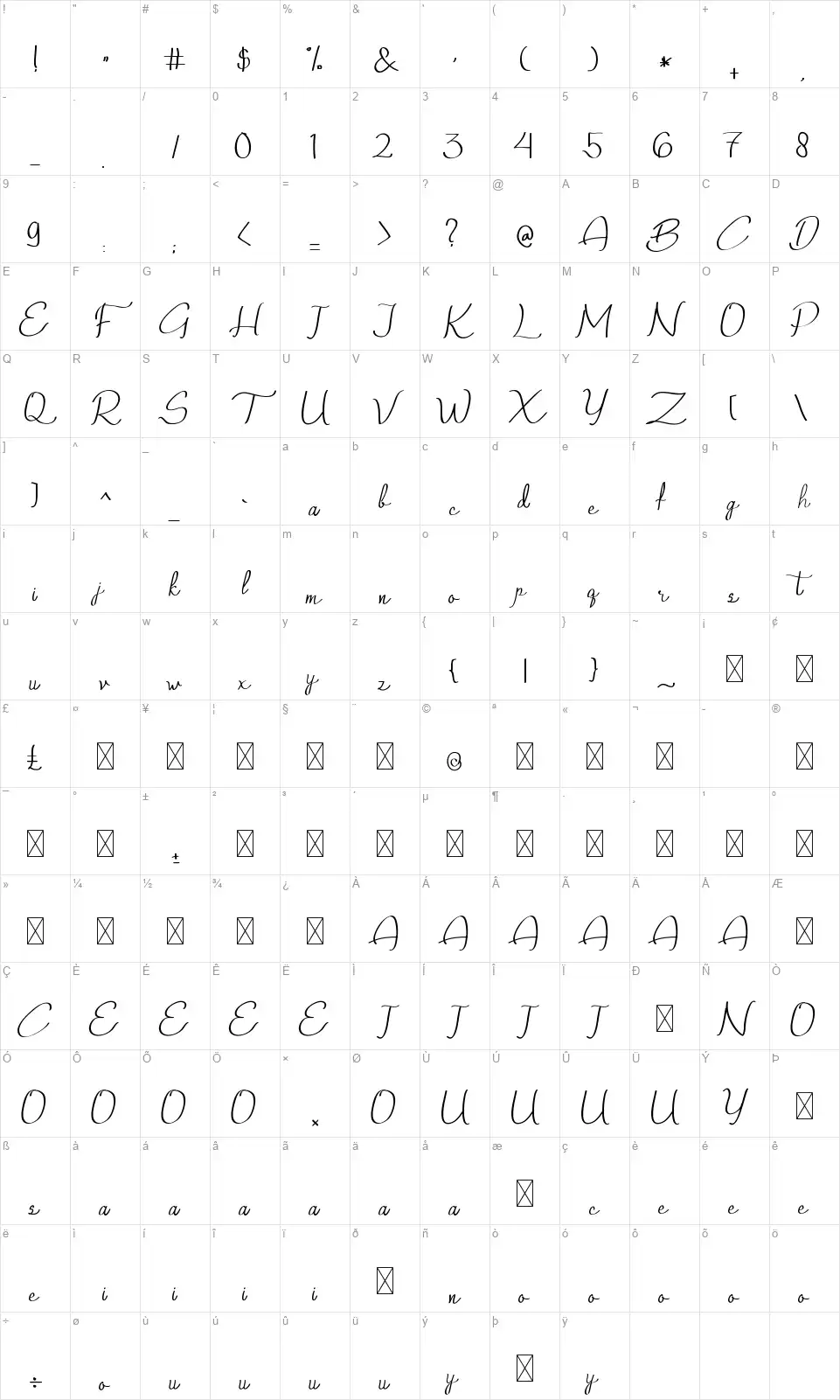 Qalin Handwrittingfont character map