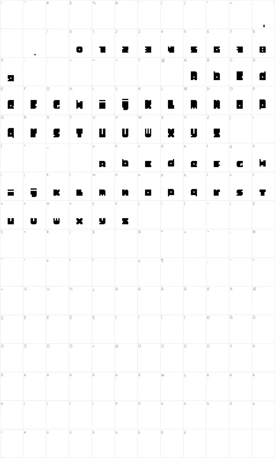 Quadratinifont character map