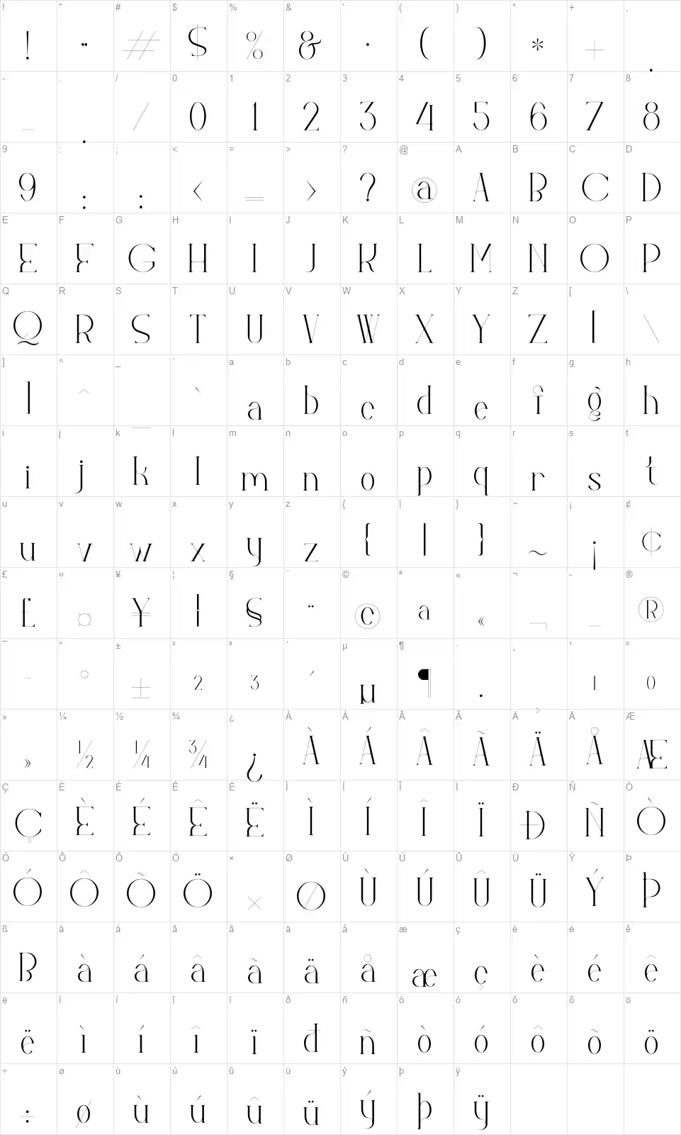Relyagihfont character map