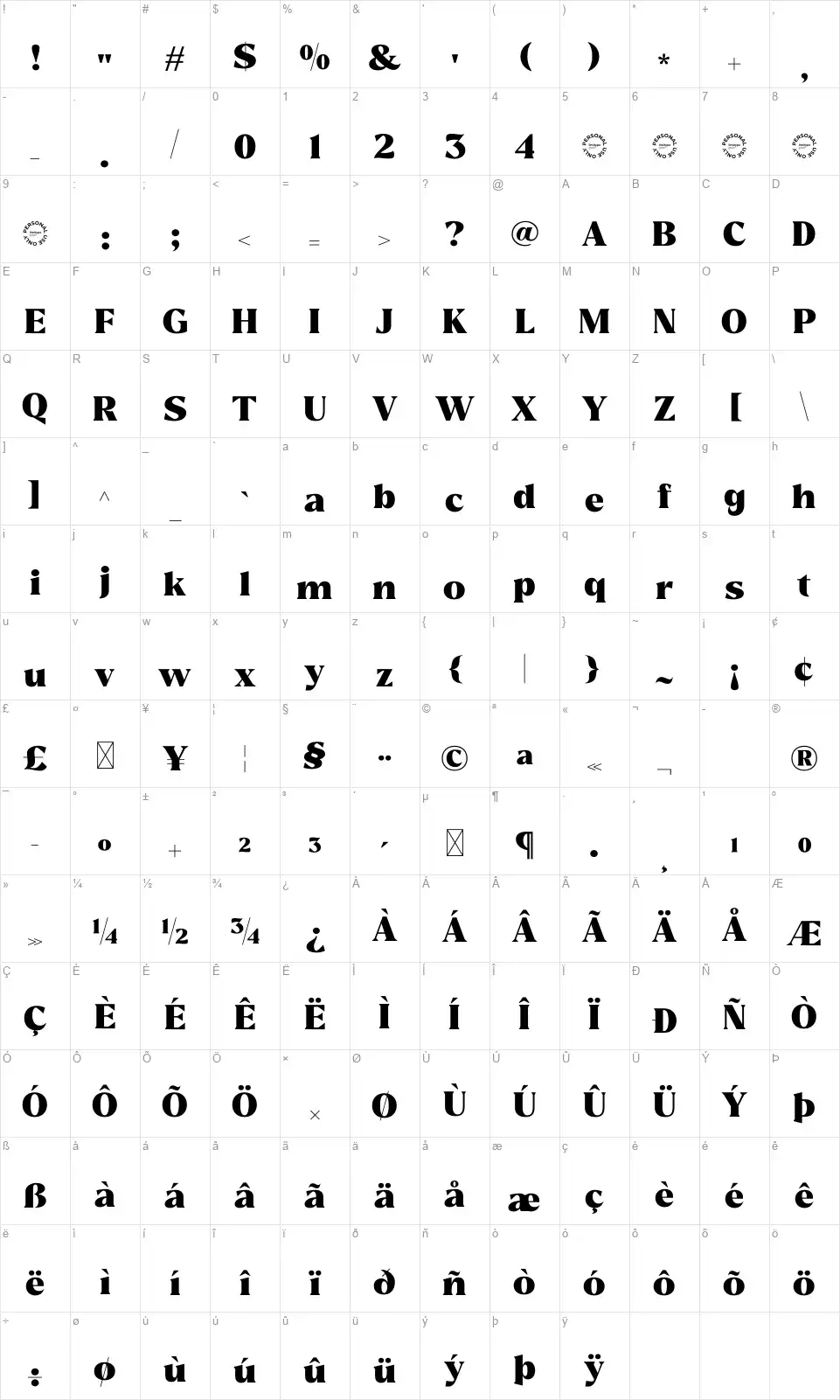 Reshigafont character map