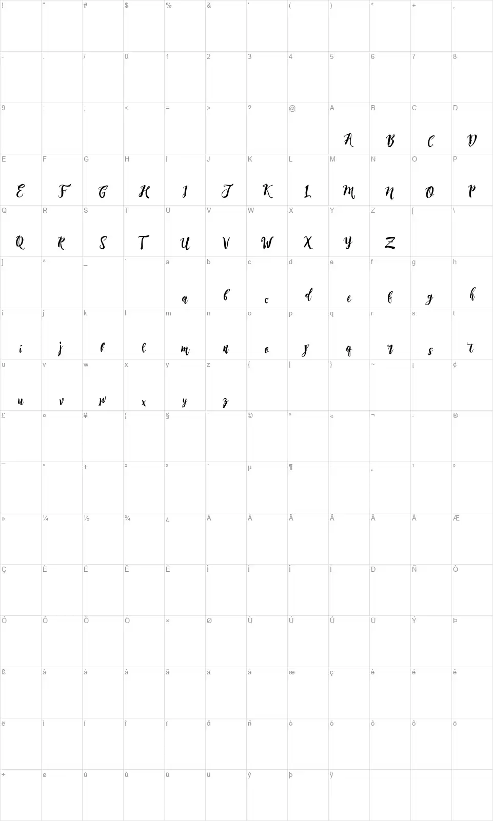 Rising Brushfont character map