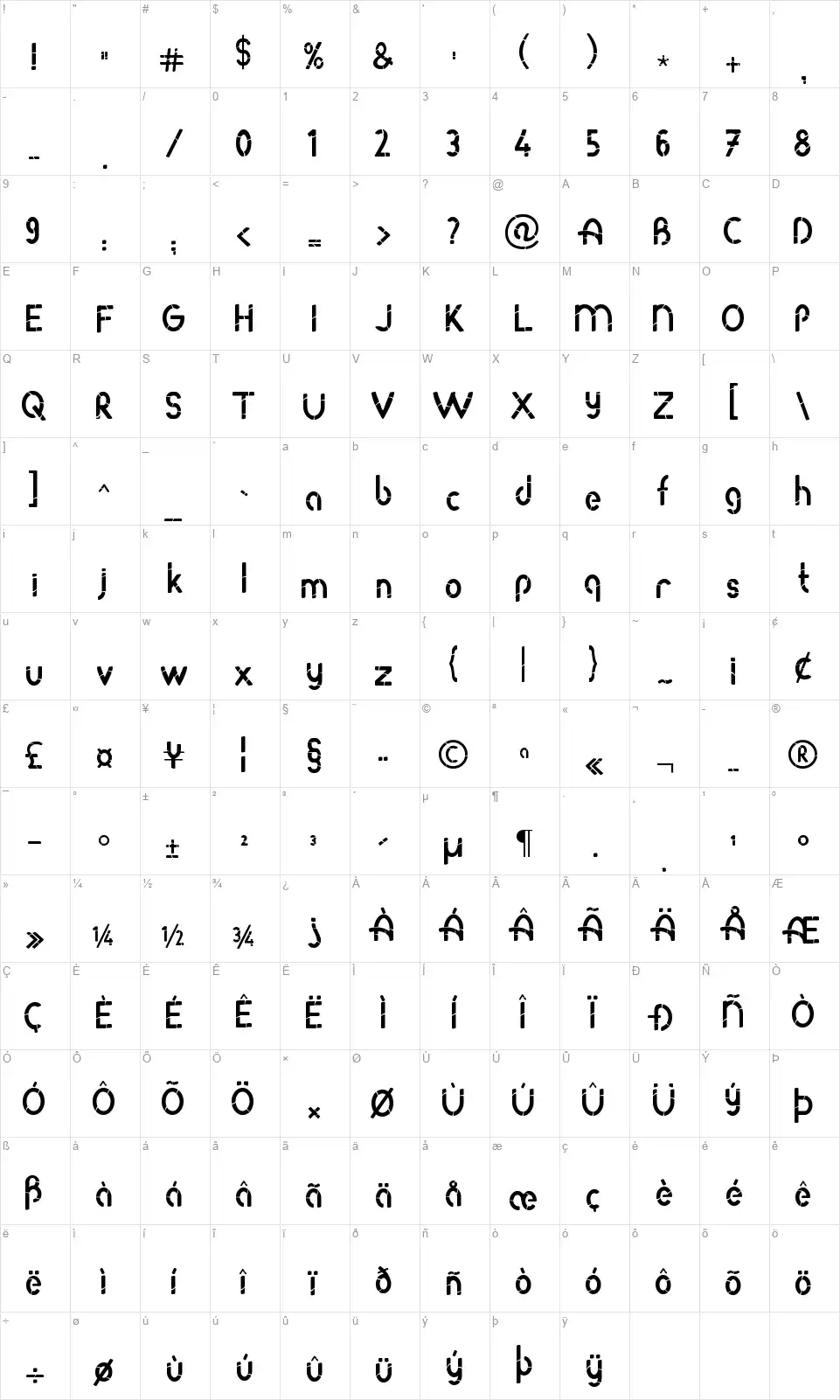 Roda Bamboofont character map