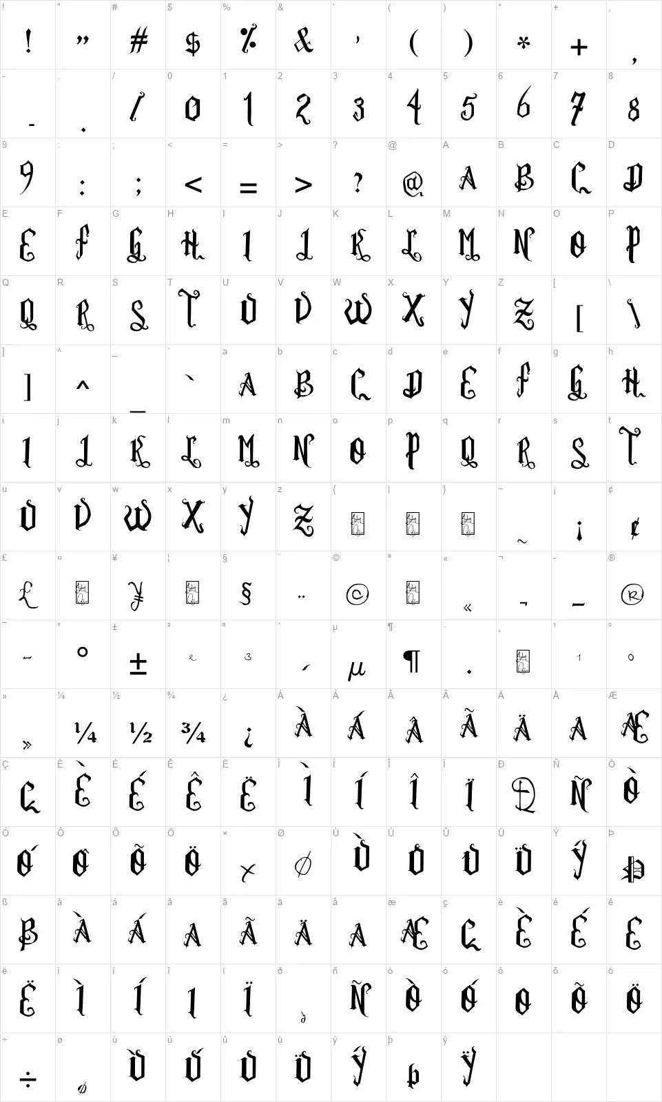Romance Fatal Goth Italicfont character map
