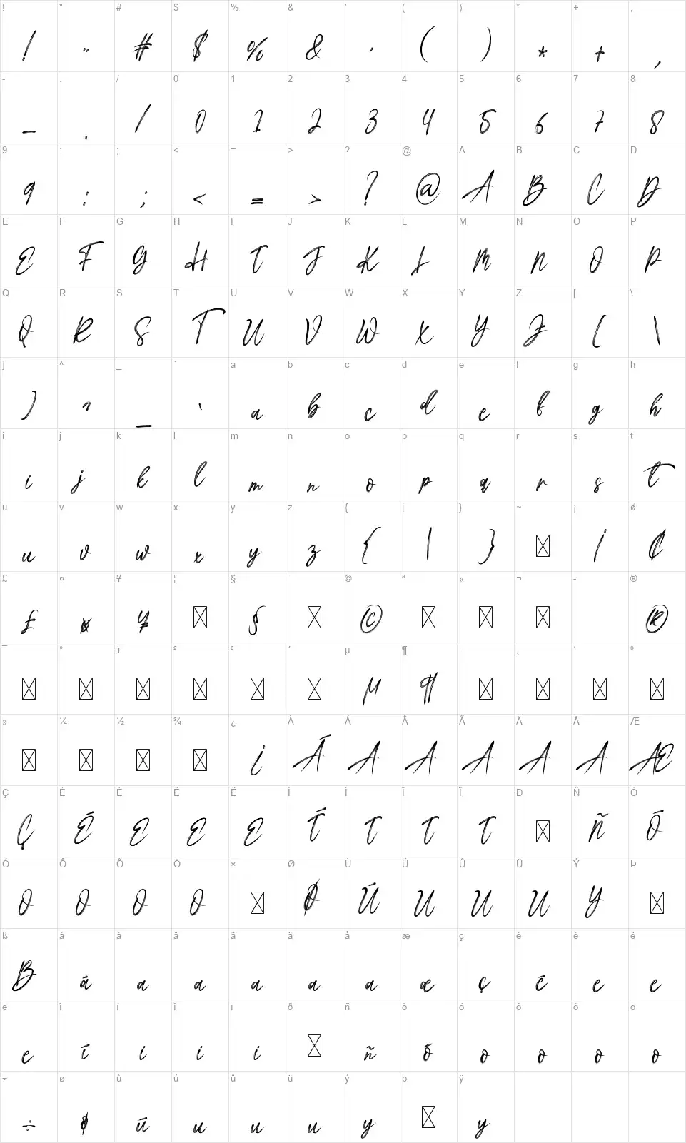 Romantic Storyfont character map