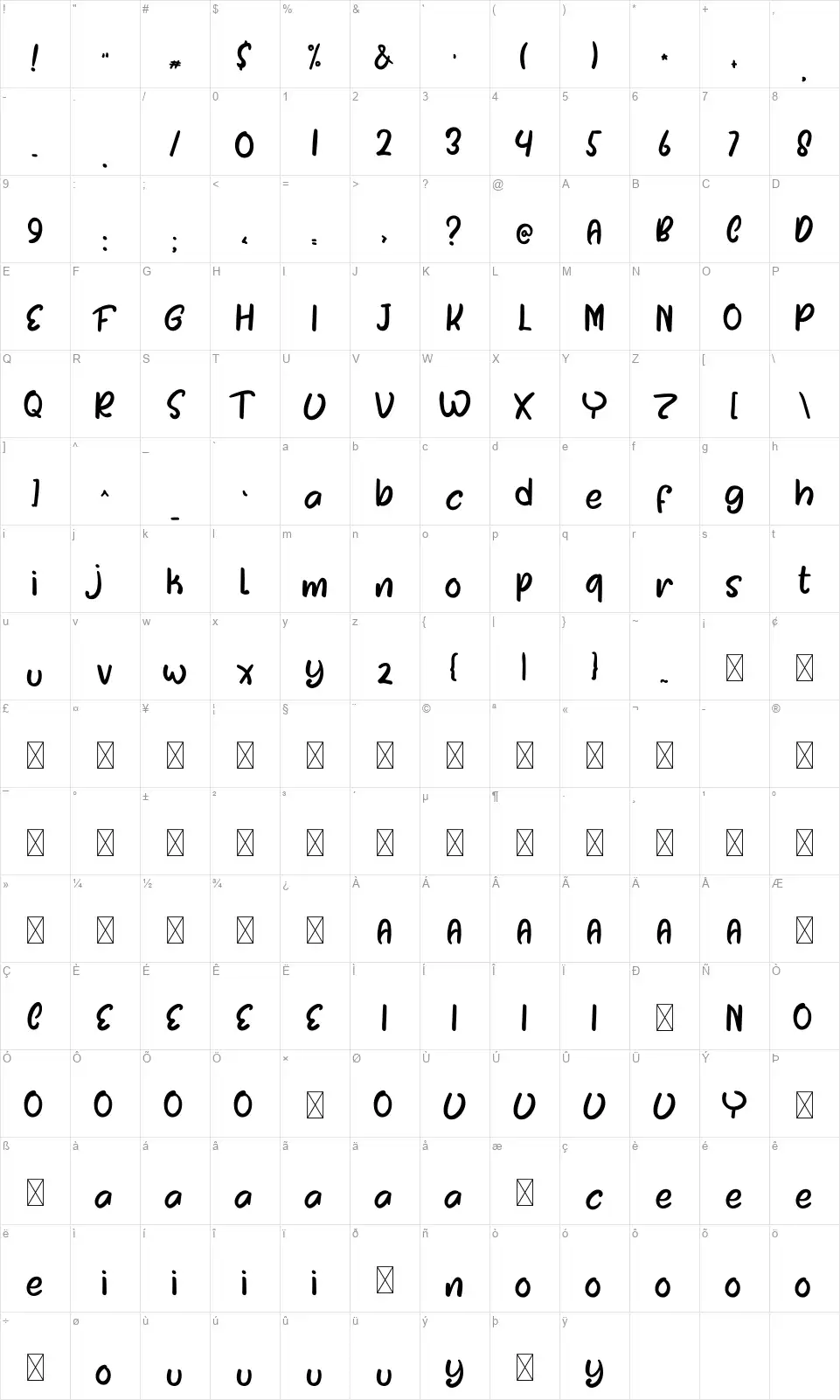 Rustichomefont character map