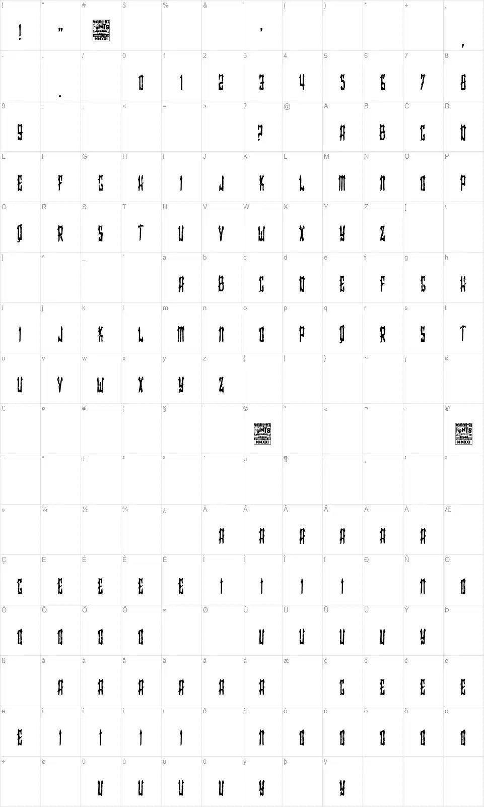 Samurai Teamfont character map