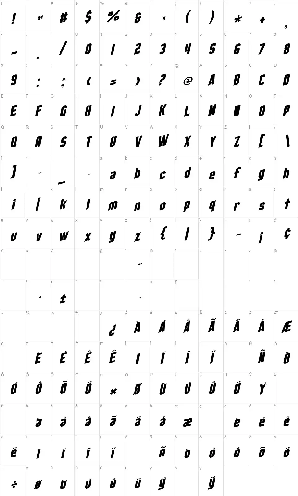 SF Obliquitiesfont character map