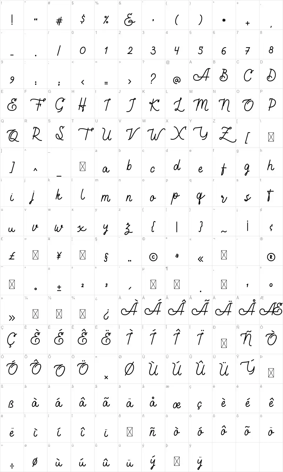 Shibuyah Monolinefont character map
