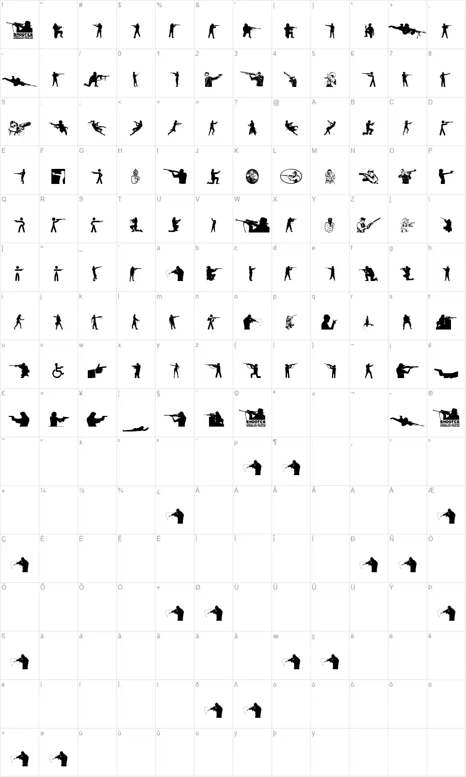 Shooterfont character map