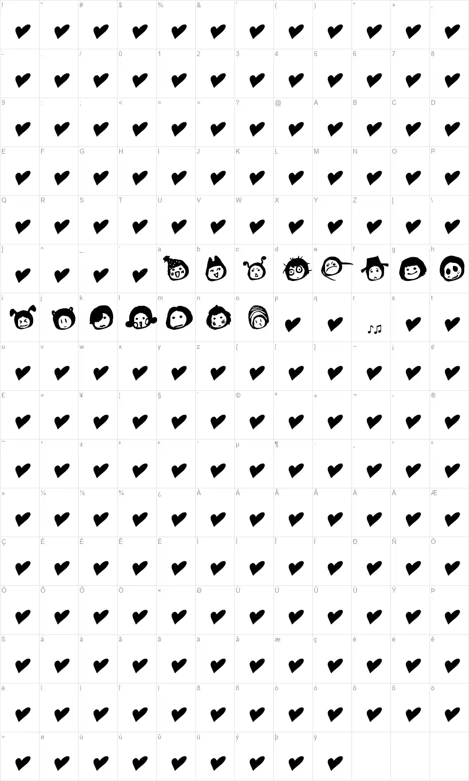 Simplesymbolfont character map