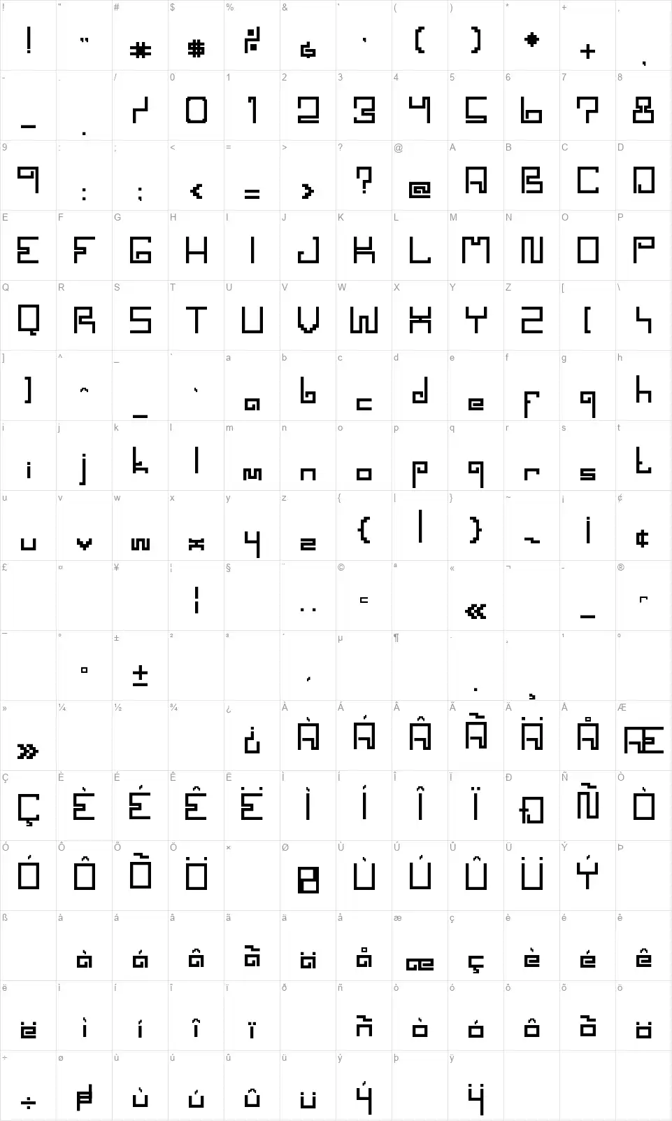 Spacewormfont character map