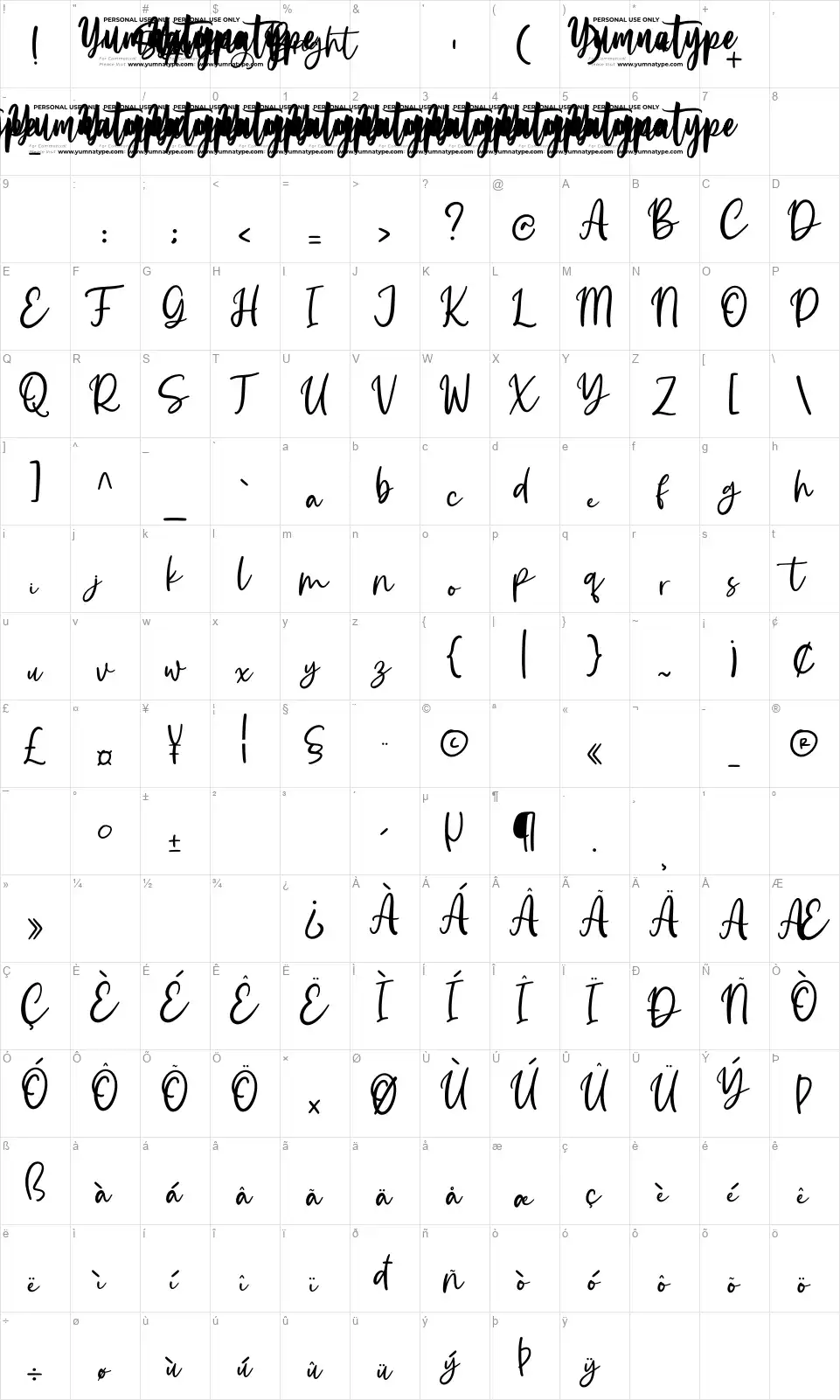 Starling Brightfont character map