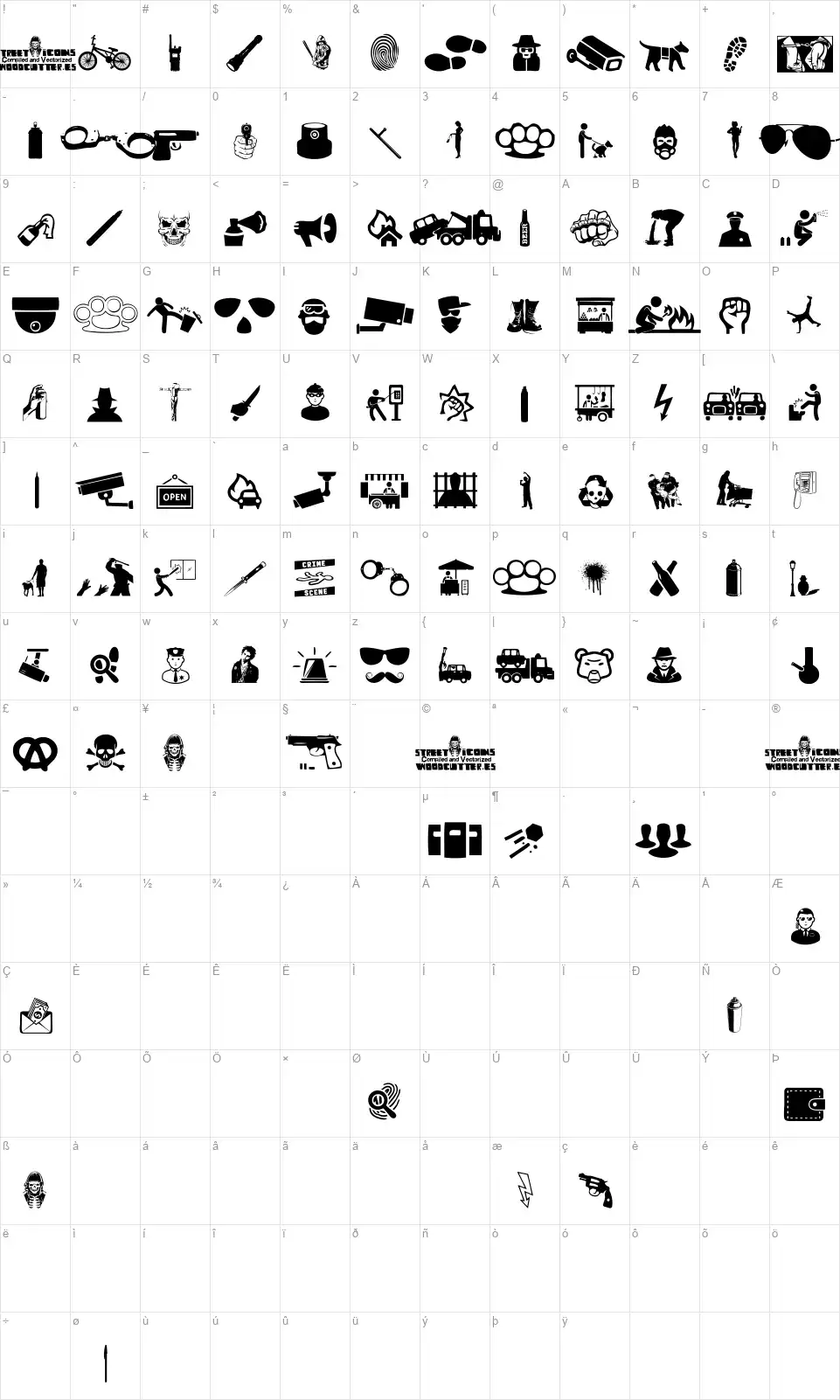 Street Iconsfont character map
