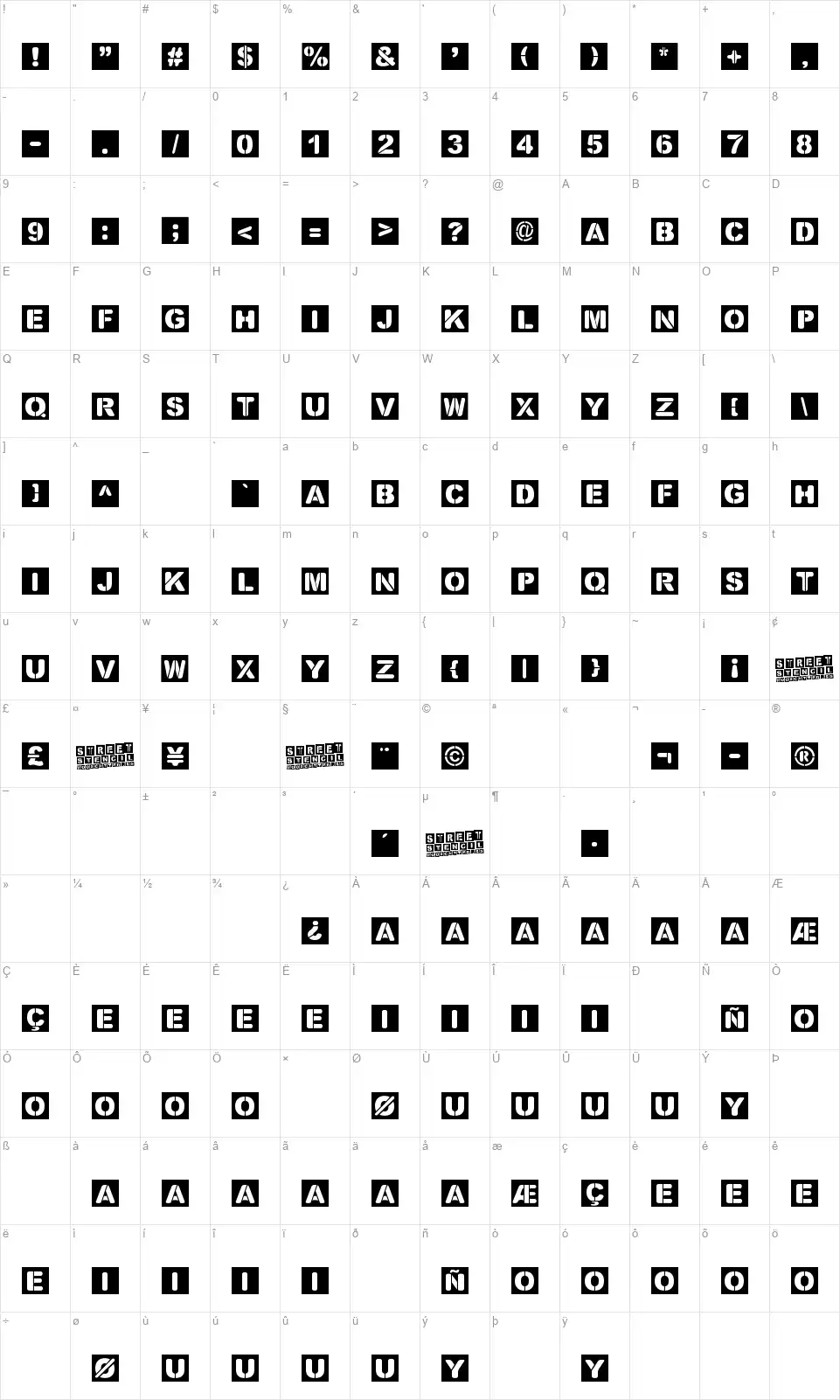 Street Stencilfont character map