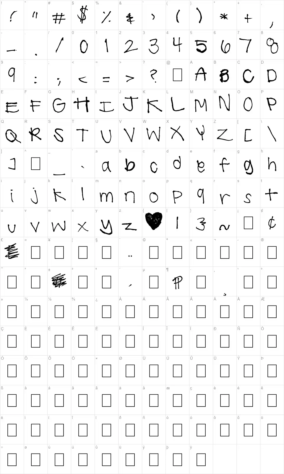 Summer Handwritingfont character map