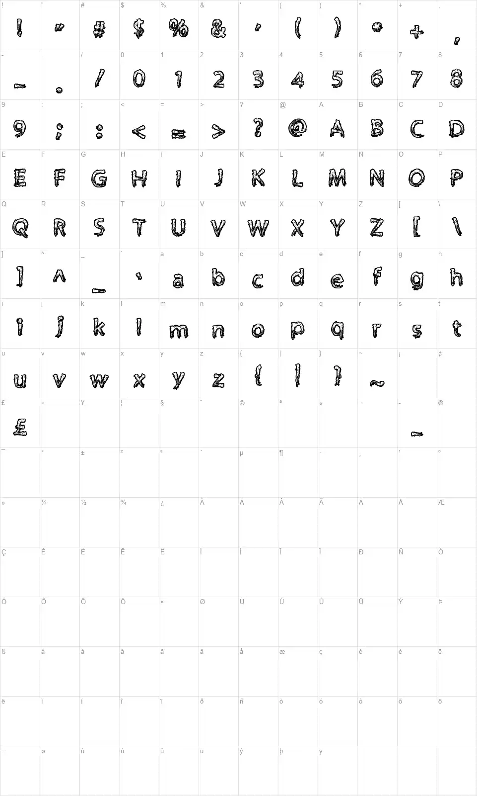 Supercreepfont character map