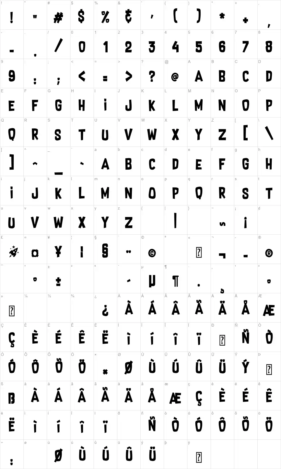 Supersonic Rocketshipfont character map