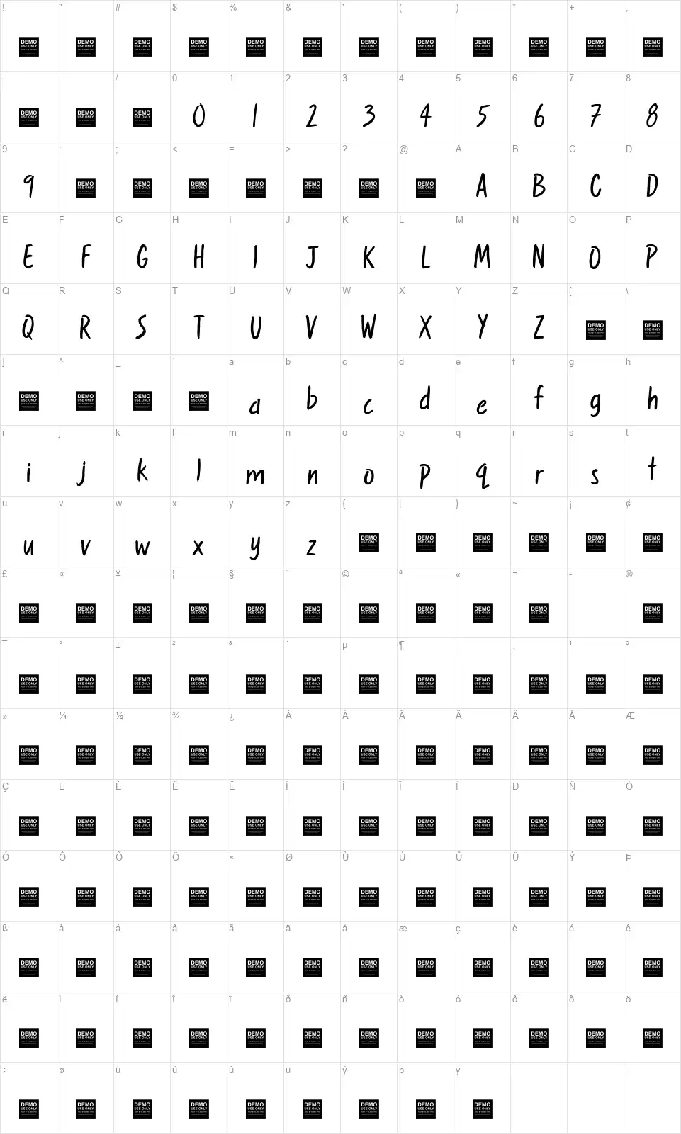 Sweet Nothingsfont character map