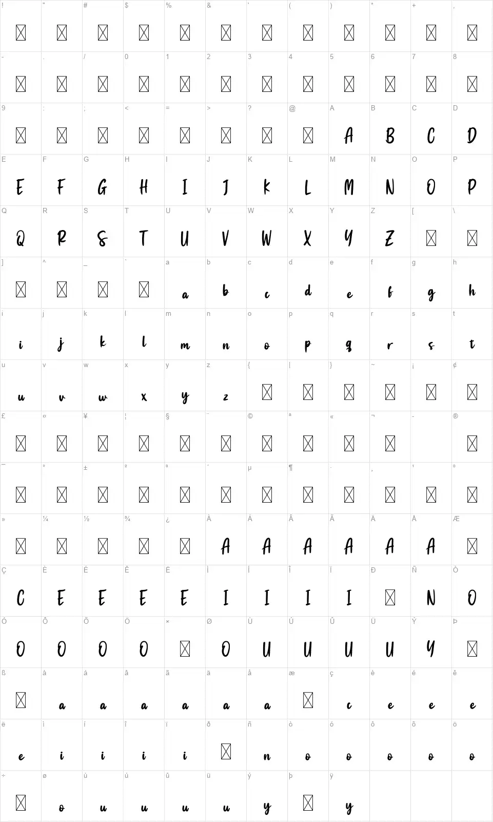 Swingsetfont character map