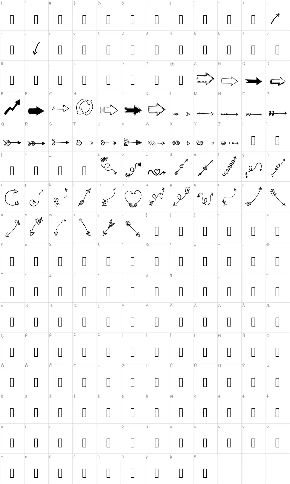 Tanaestel Doodle Arrows 01font character map