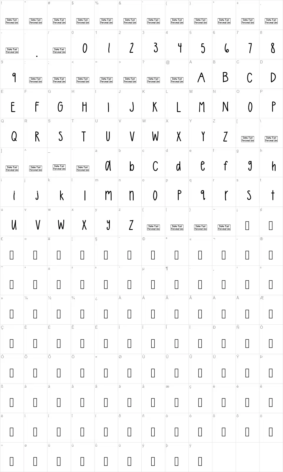Tatertotfont character map