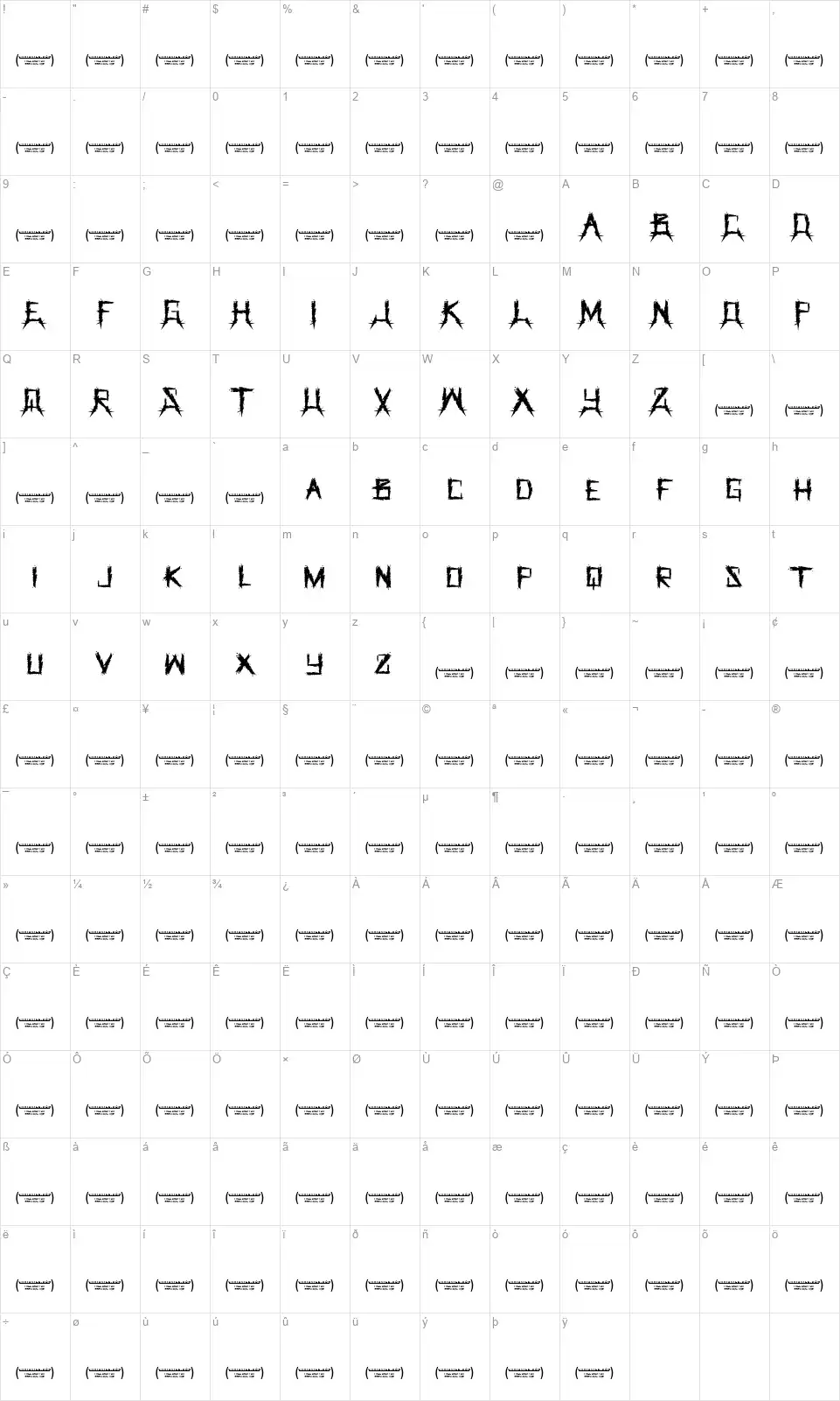 The Grinderfont character map