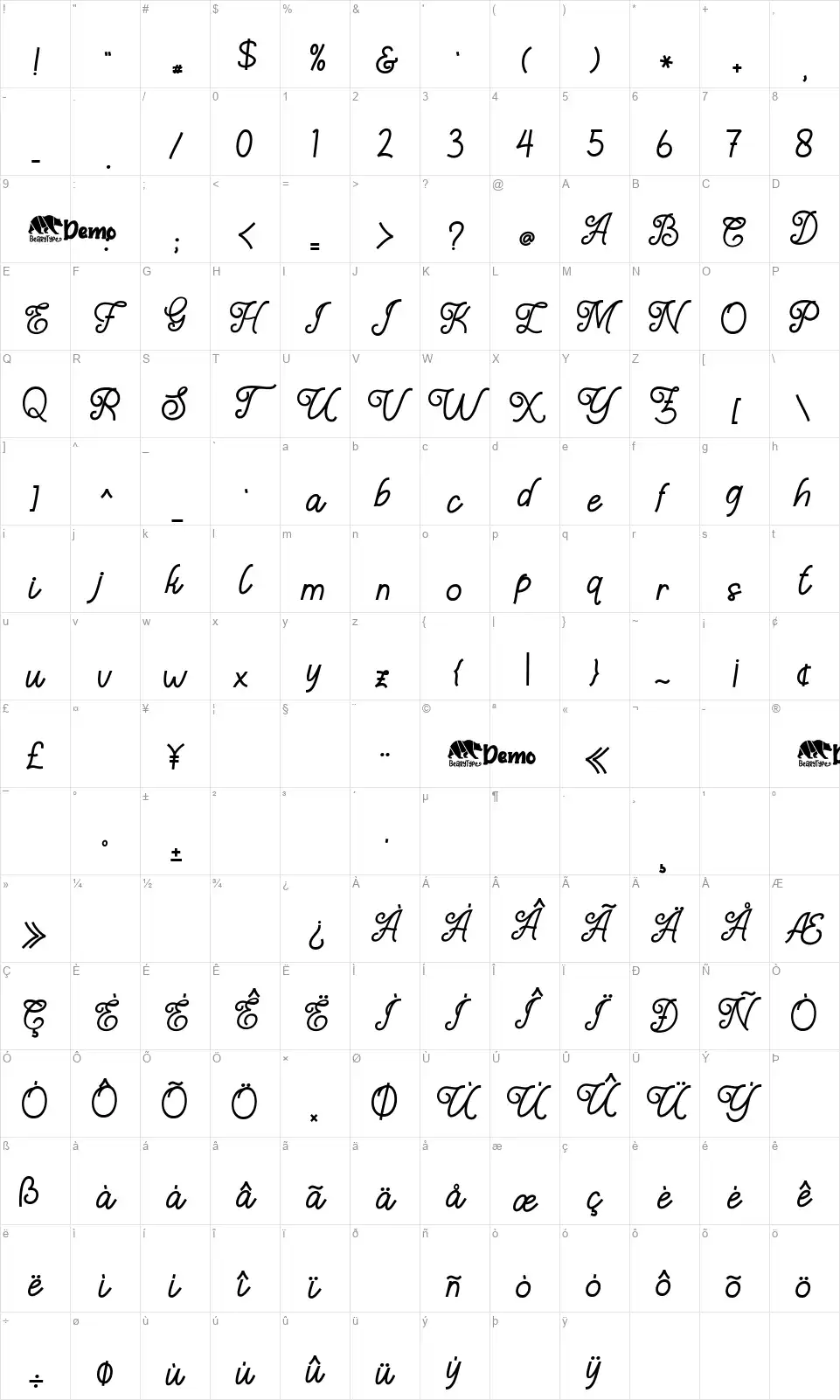 The Manalinefont character map