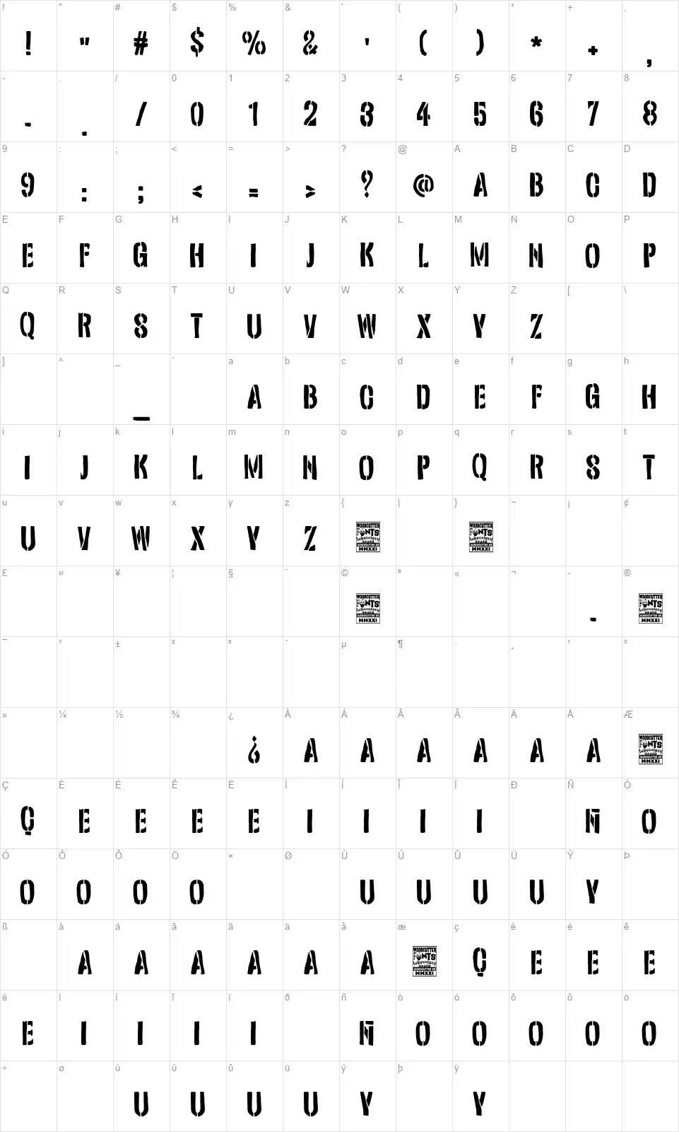 The School Armyfont character map