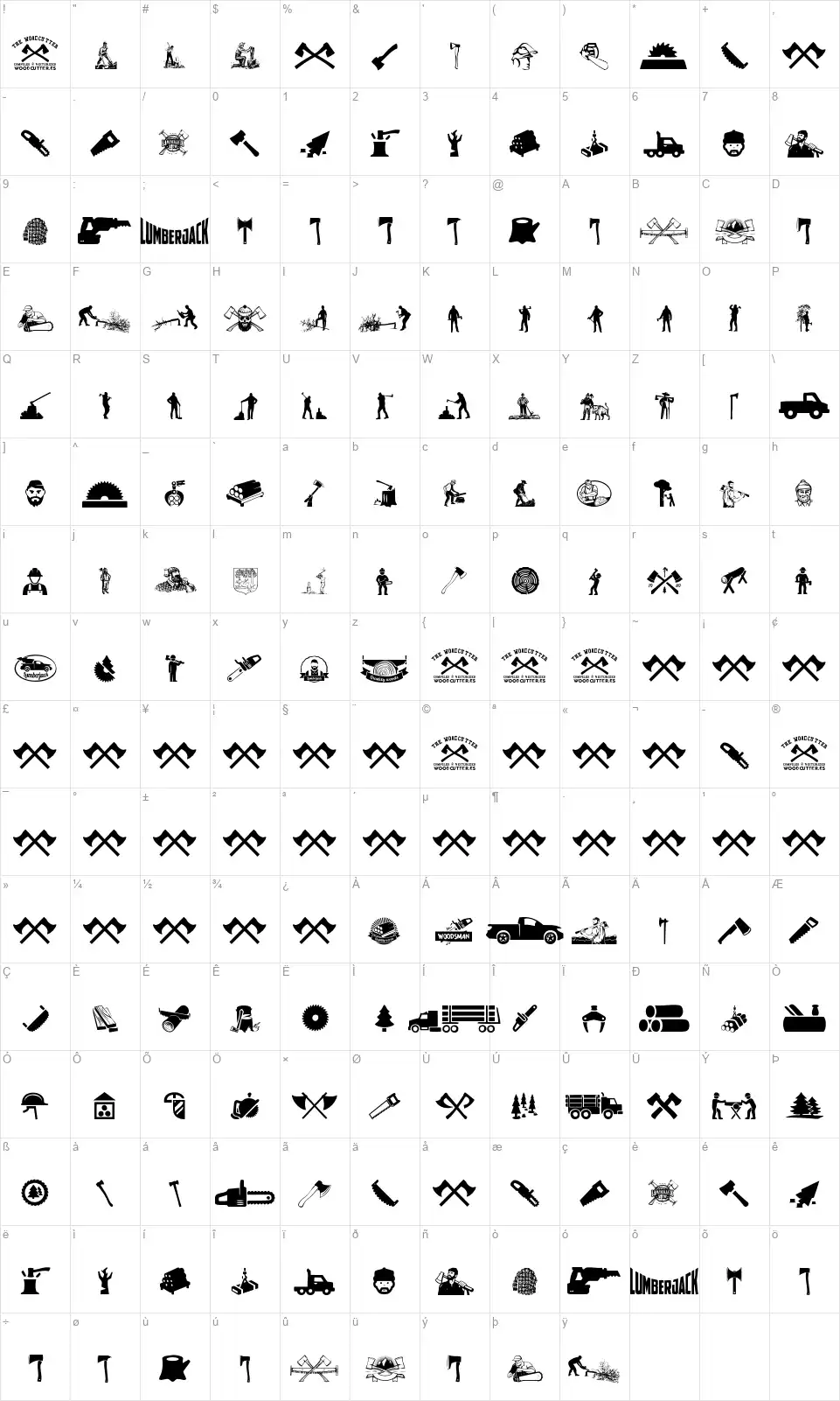 The Woodcutterfont character map