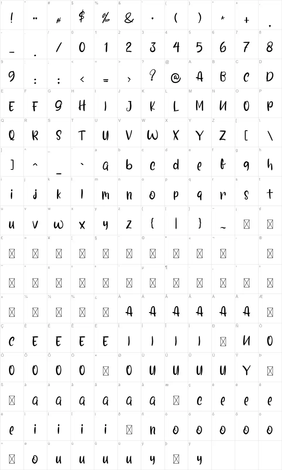 The Wreathsfont character map