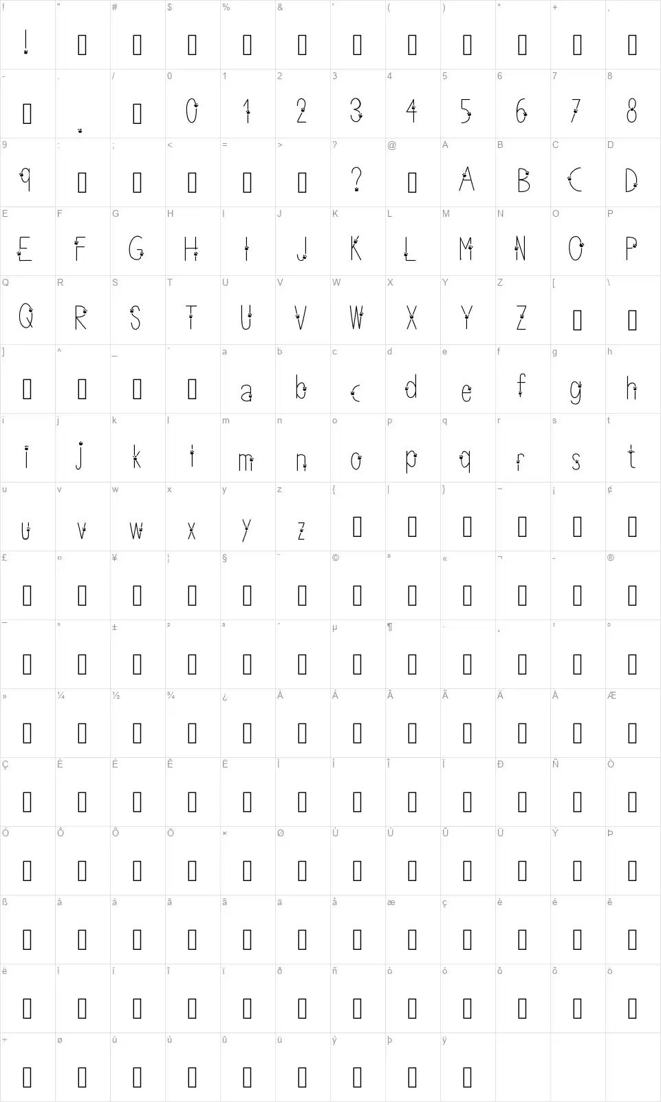Thin Pawsfont character map
