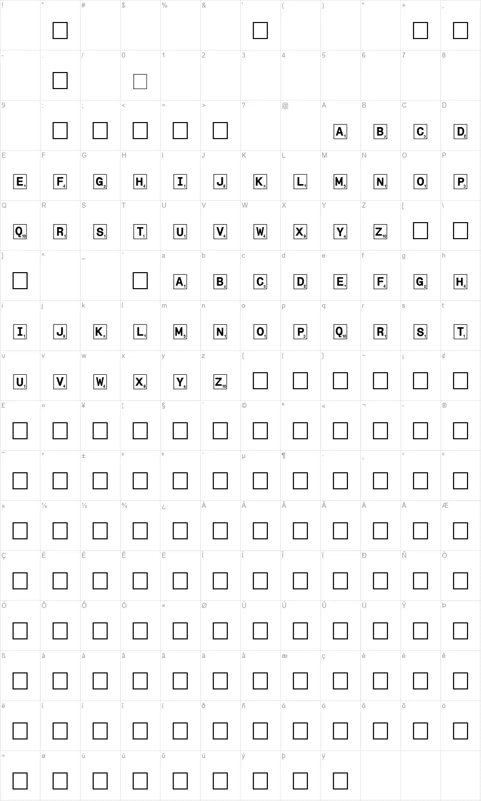 Tilezfont character map