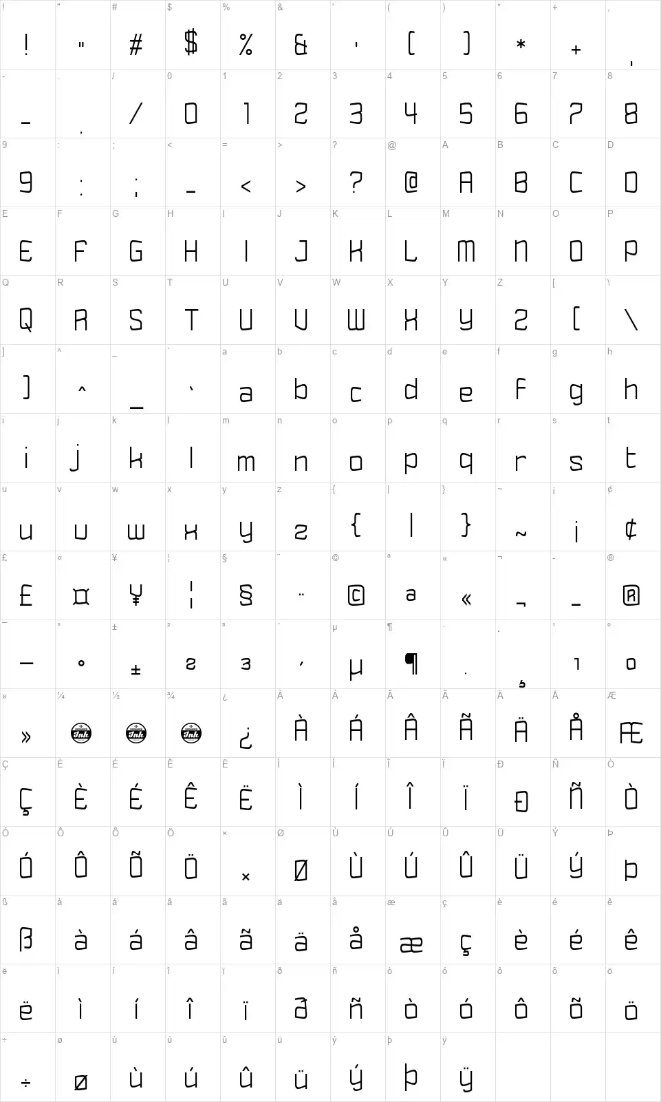Tincturefont character map