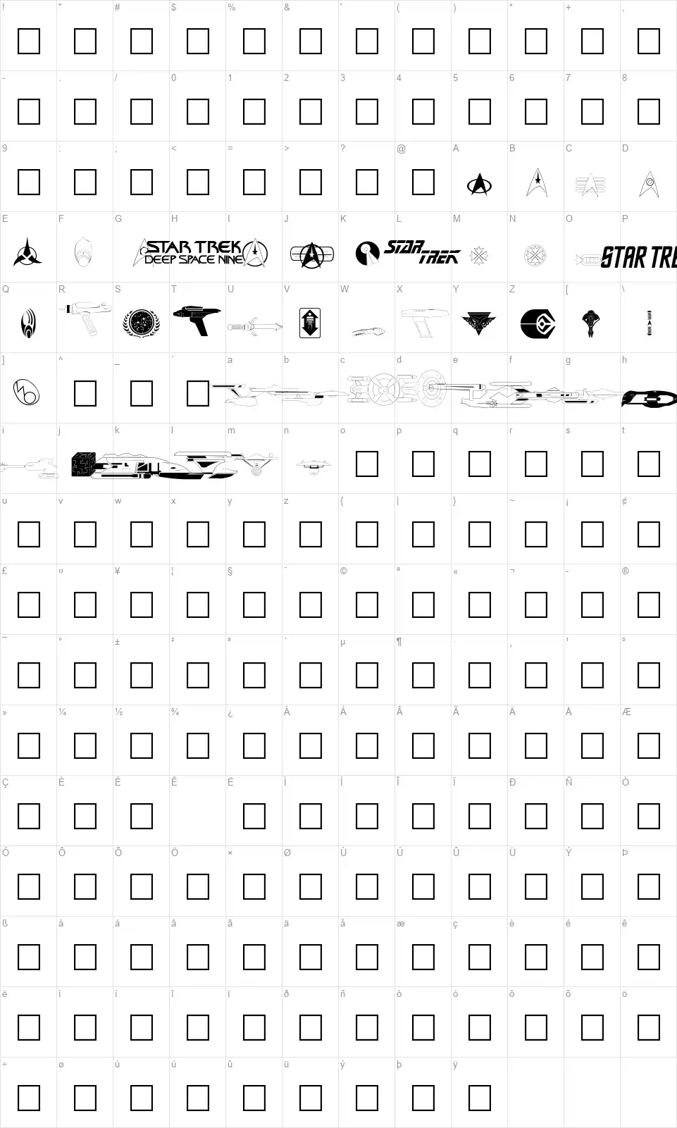 Trekbatsfont character map