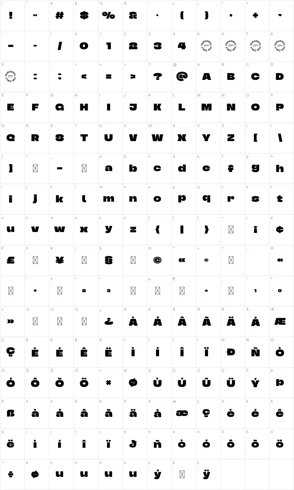 Triverfont character map