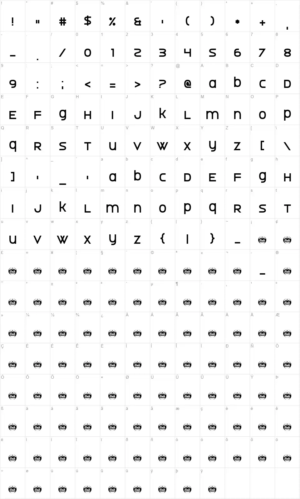 Undersidedfont character map