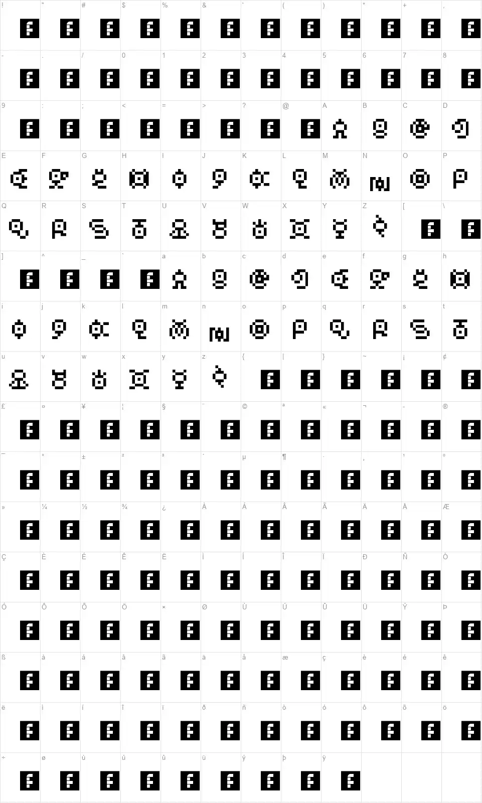 Unown GBfont character map