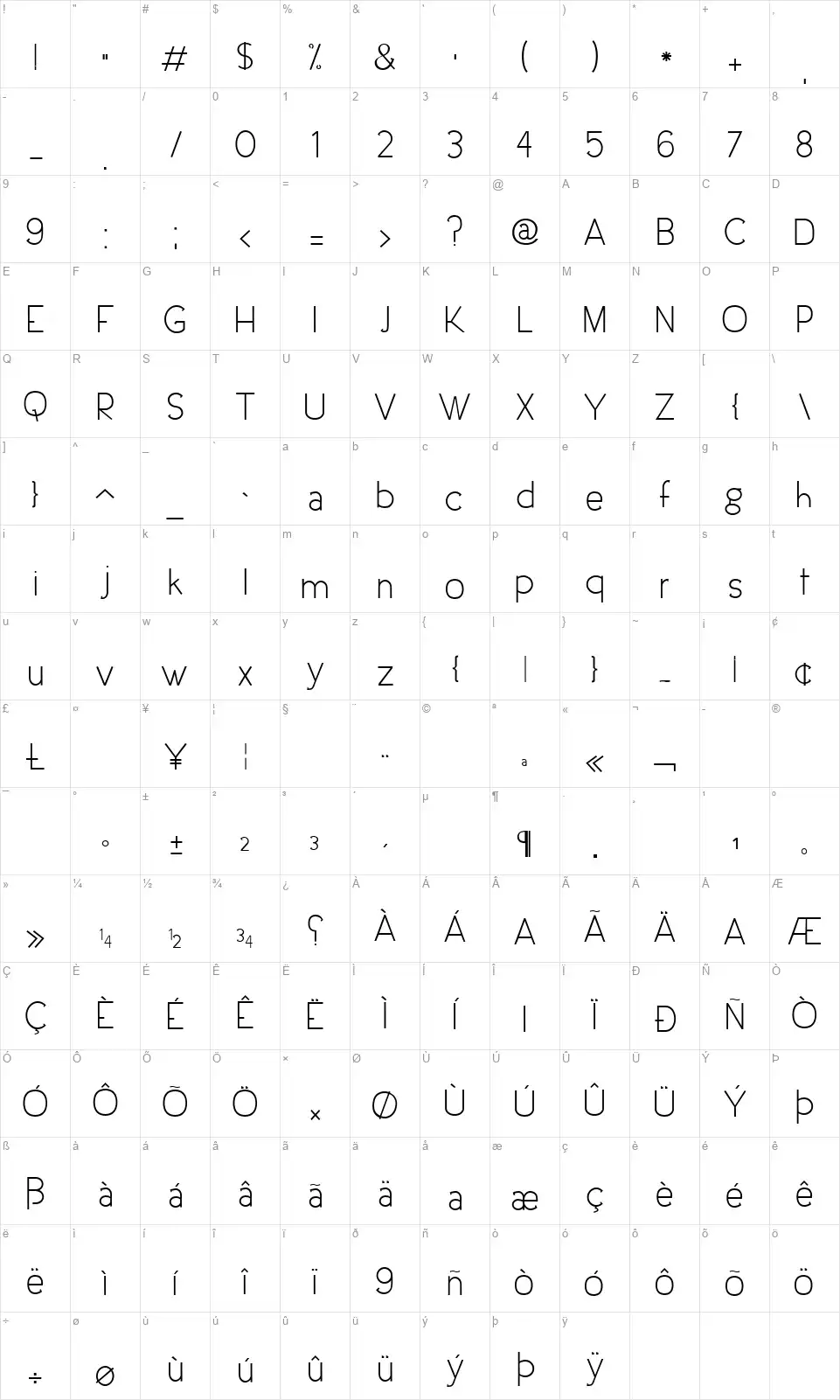 Urban Elegancefont character map