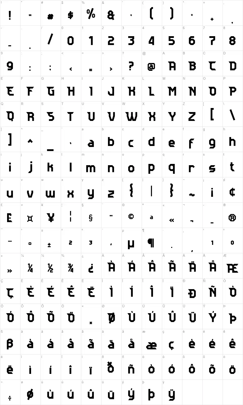 Venterafont character map