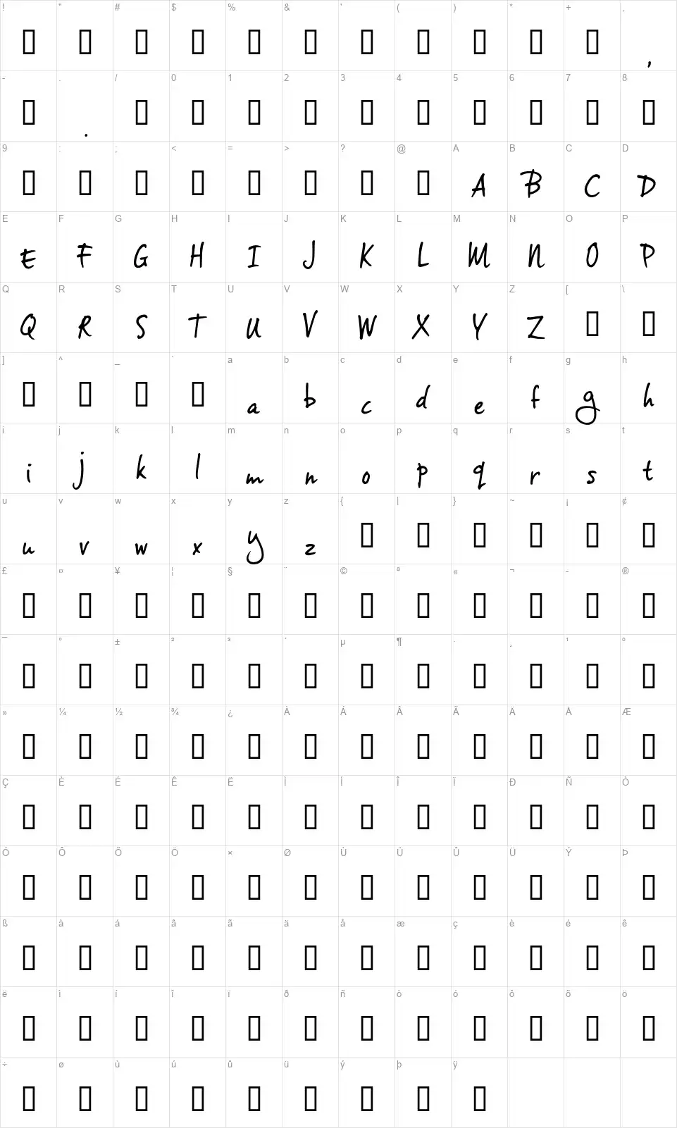 Vince Hand 2font character map