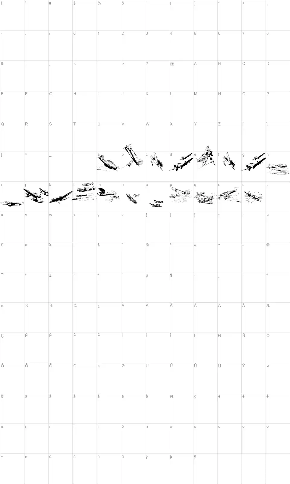 War II Wairplanesfont character map
