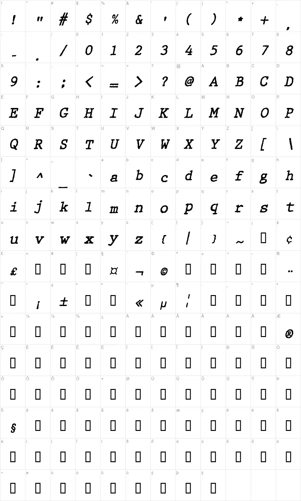 WBX Granny Tfont character map
