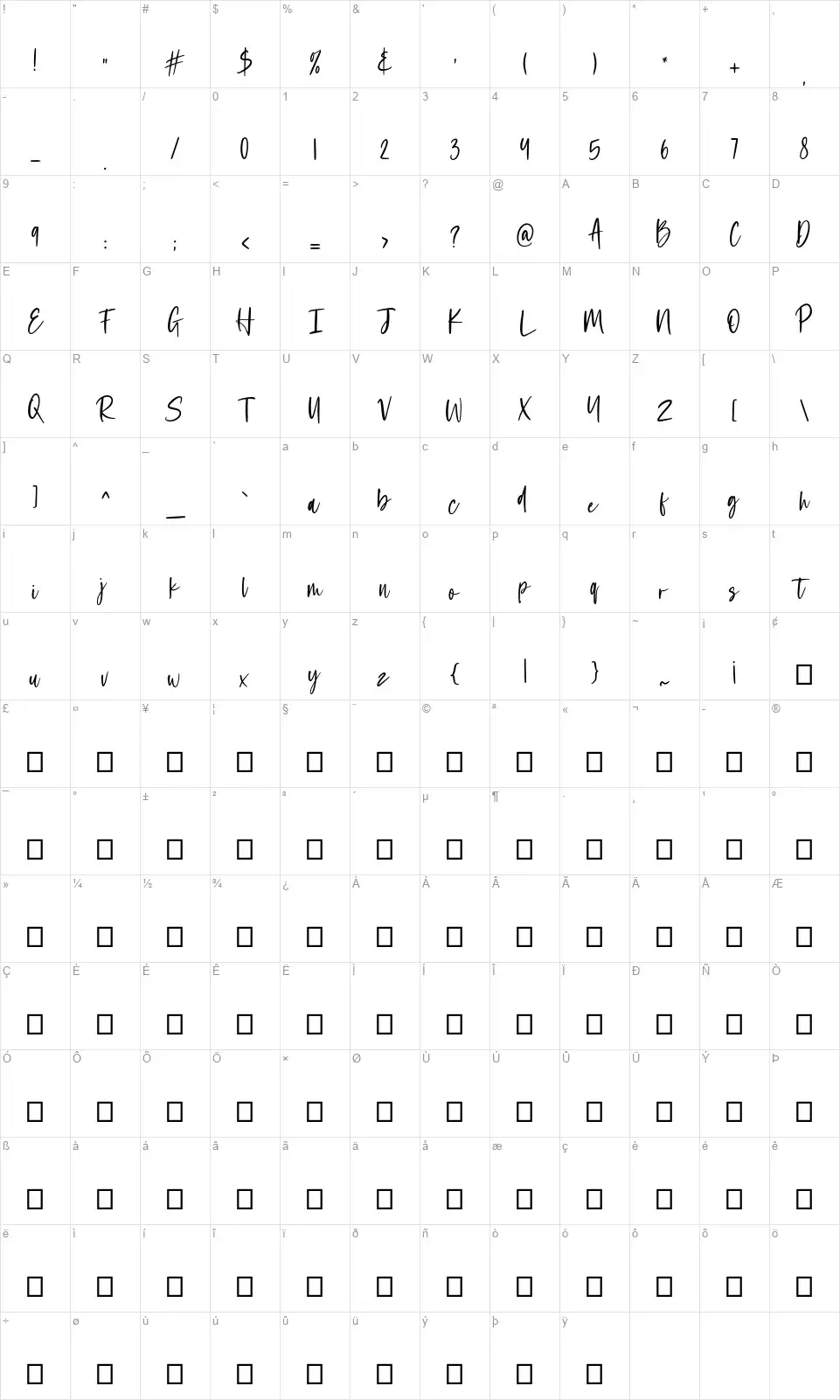 Wednesday Scriptfont character map