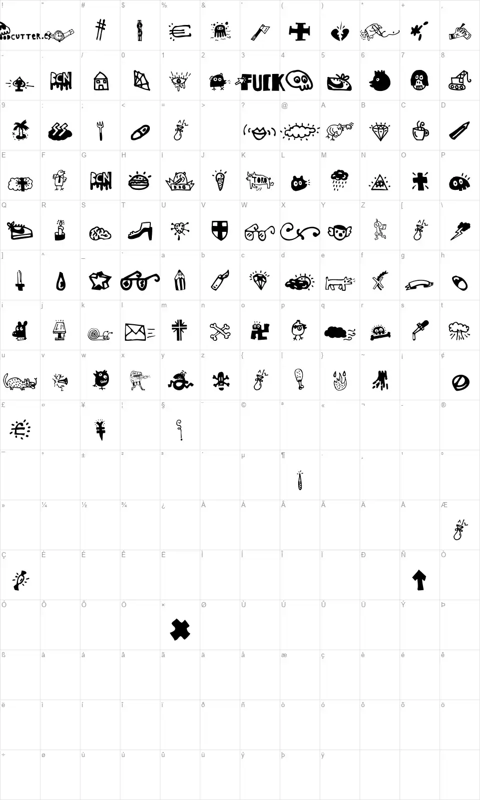 Woodcutter rare drawingsfont character map
