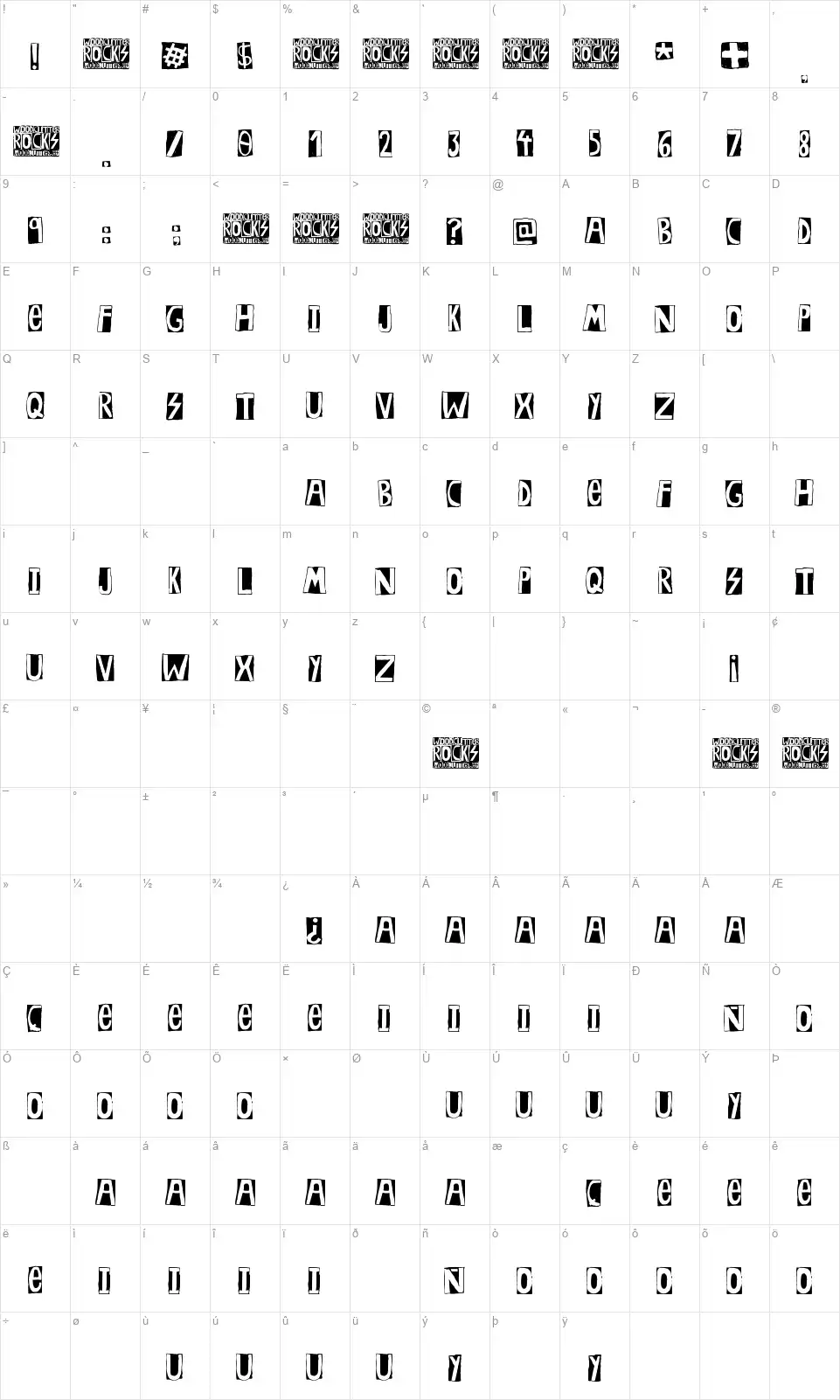 Woodcutter Rocksfont character map