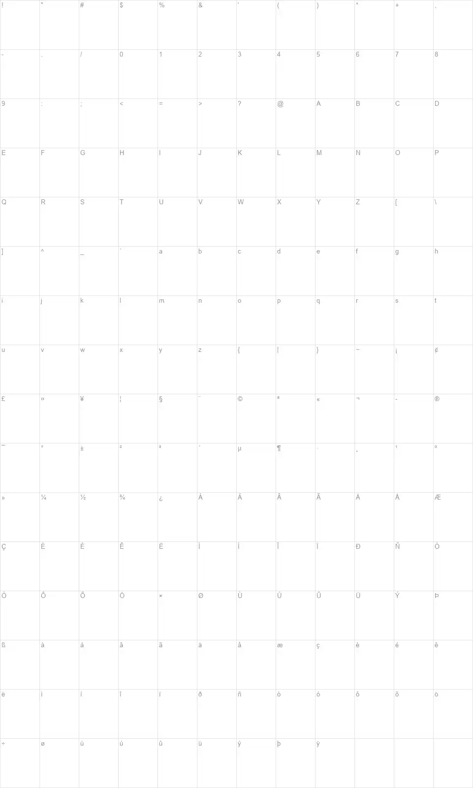 Woomble 002font character map