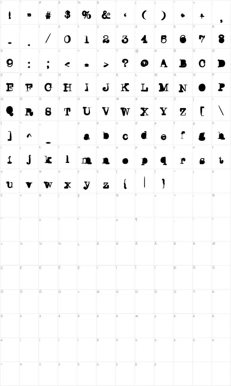 Writers Blockfont character map