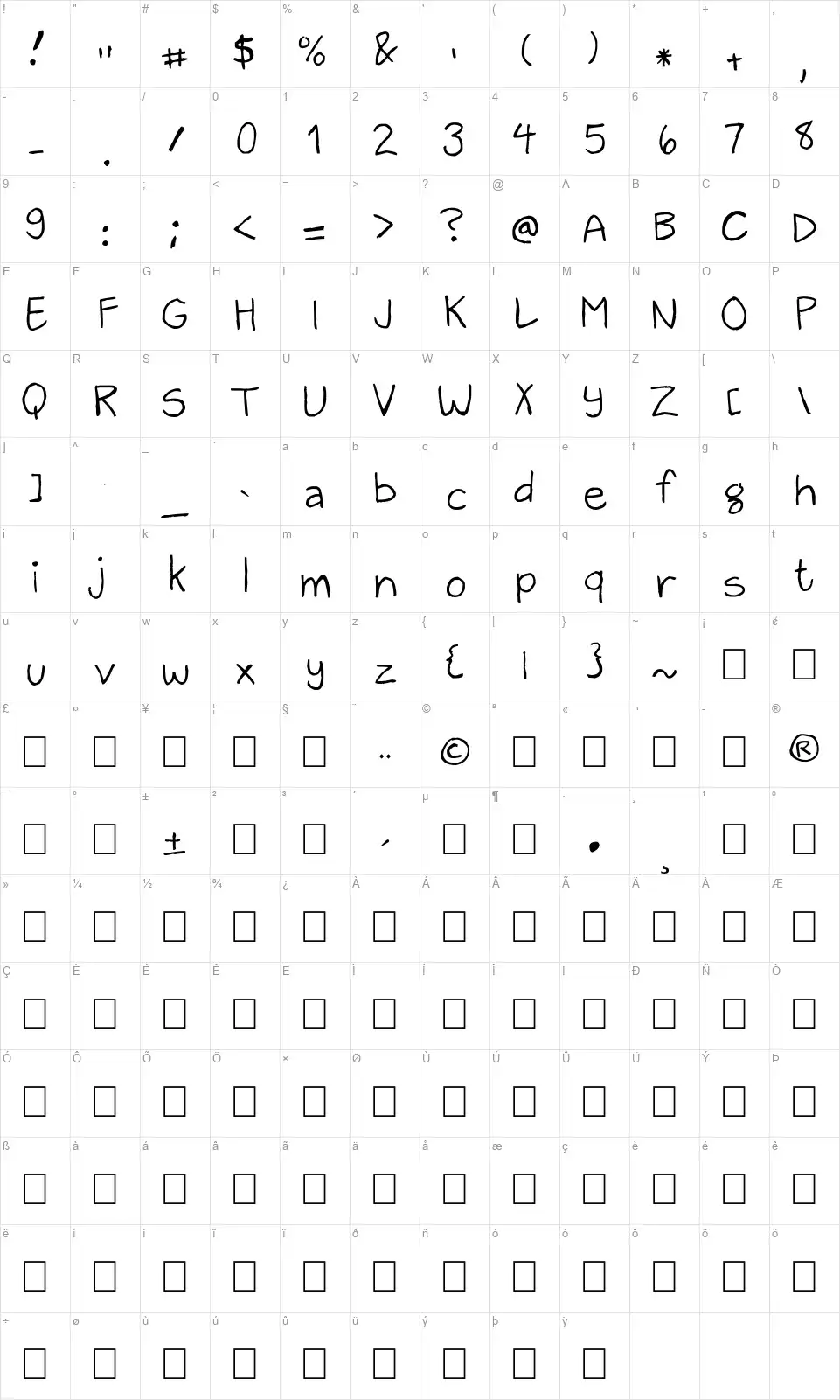 Zack and Sarahfont character map