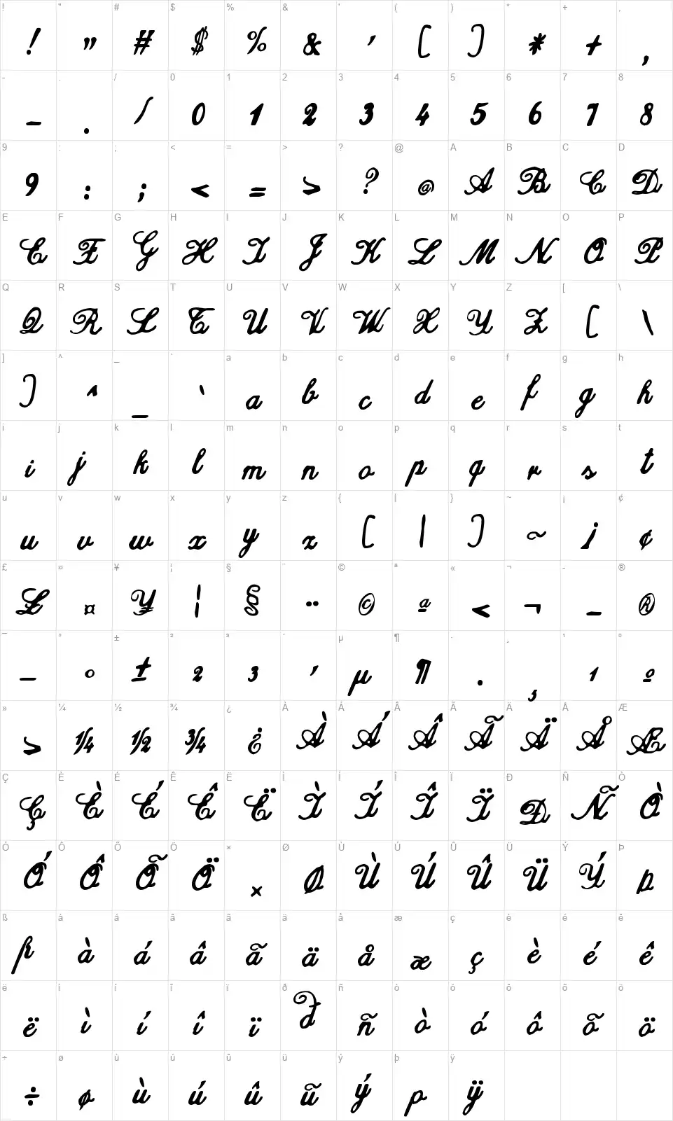 zai Calligraphy Script Handwrittenfont character map